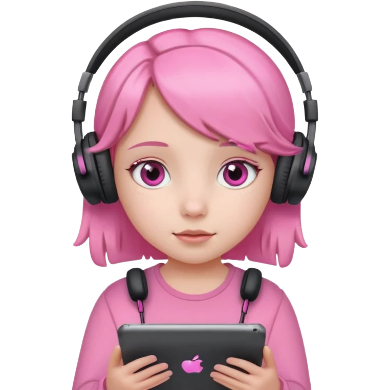 Little girl with headphones when pink eyes and pink iPad and pink dreamy background emoji