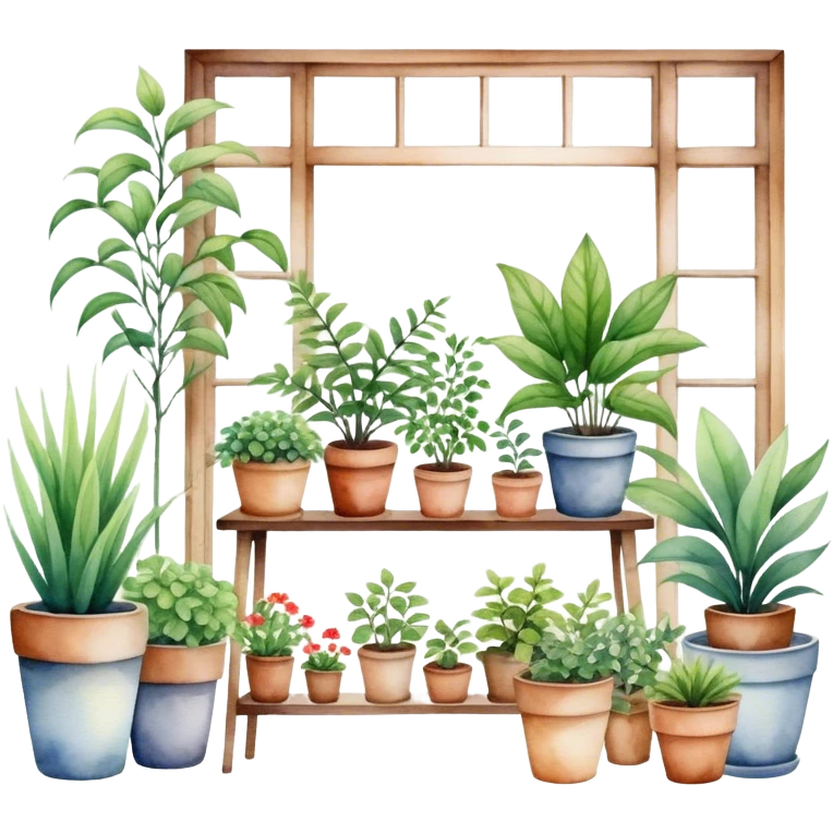 A cozy indoor garden scene with an assortment of potted plants, painted in a delicate and natural watercolor style. emoji