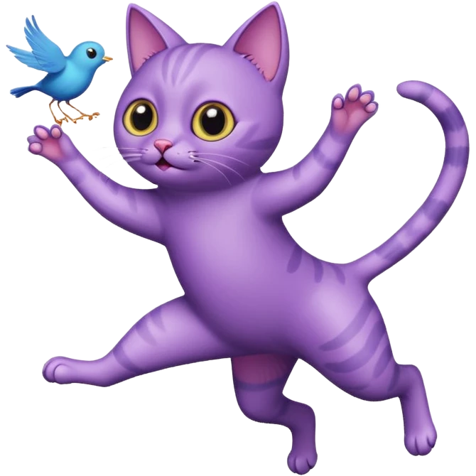funny purple cat jumping after a fly more thin cat, more stylised cat less realistic add pick bird  emoji