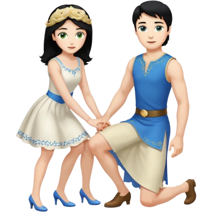 prince, upright, black Hair, blue eyes, Woman, blonde Hair, Green eyes, bending knee, sleveless White Dress, emoji