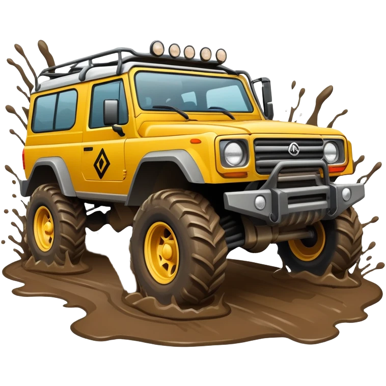 An icon showing an off-road vehicle driving through muddy terrain, inspired by Expeditions: A MudRunner Game. The design features splashing mud, rugged tracks, and dynamic movement, symbolizing the challenge of navigating tough landscapes. Transparent background emoji