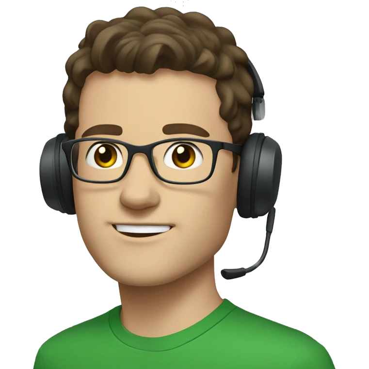white young man with blue eyes and dark brown hair and square glasses wearing green t-shirt with headset emoji