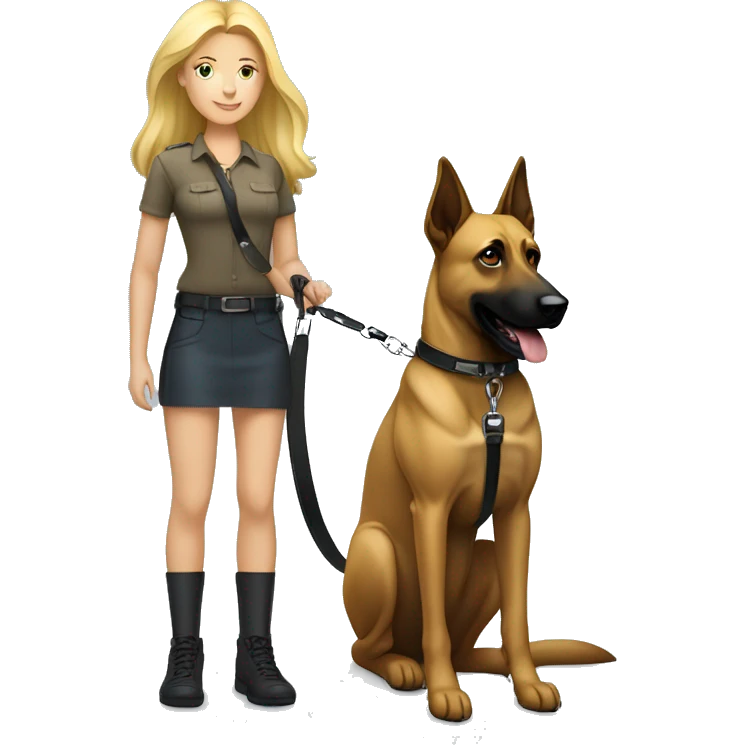 Blonde girl with one Belgian Malinois on a leash power stand emoji