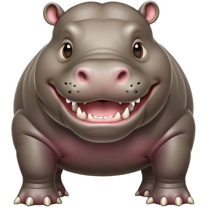cinematic-hippo-realistic-full-body-side-view-standing-on-all-fours-emoji,-massive-round-frame,-wide-mouthed-grin-exposing-huge-teeth,-head-tilted-dramatically,-thick-greyish-brown-hide-glossy emoji