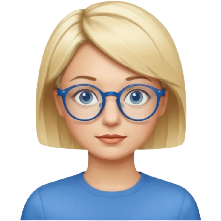 femme 40 ans cheveux courts garçon blond ave raie sur le coté, yeux bleu et lunettes rondes bleues emoji