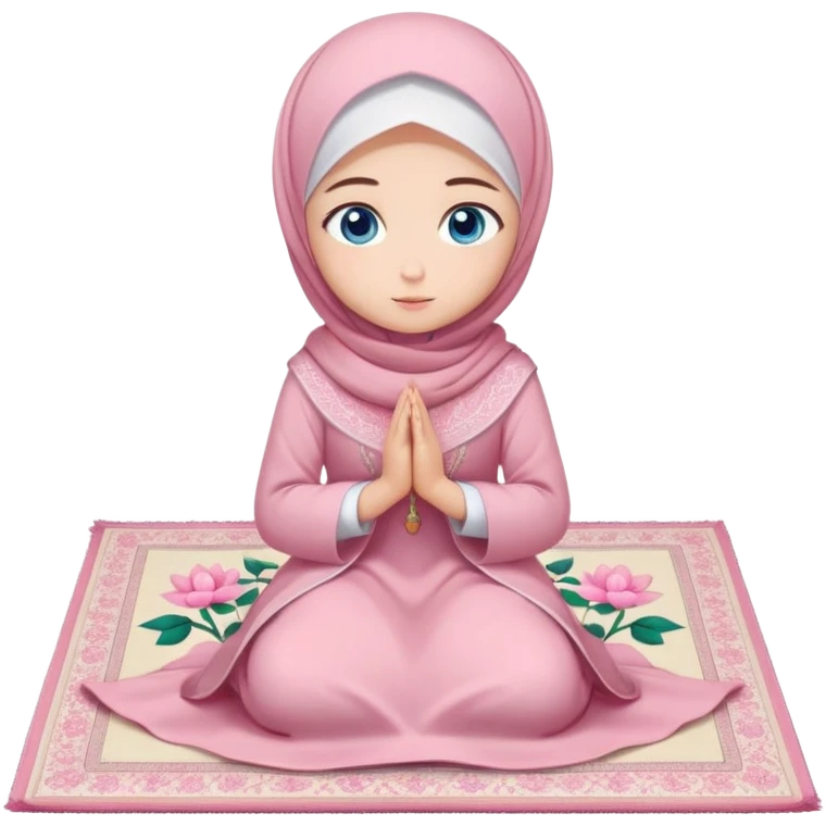 Turkish beautiful finish Konya girl blue eyes with powder pink color flower hijab long tail dress and sits on the pray mat namaz on the ground with dua  emoji