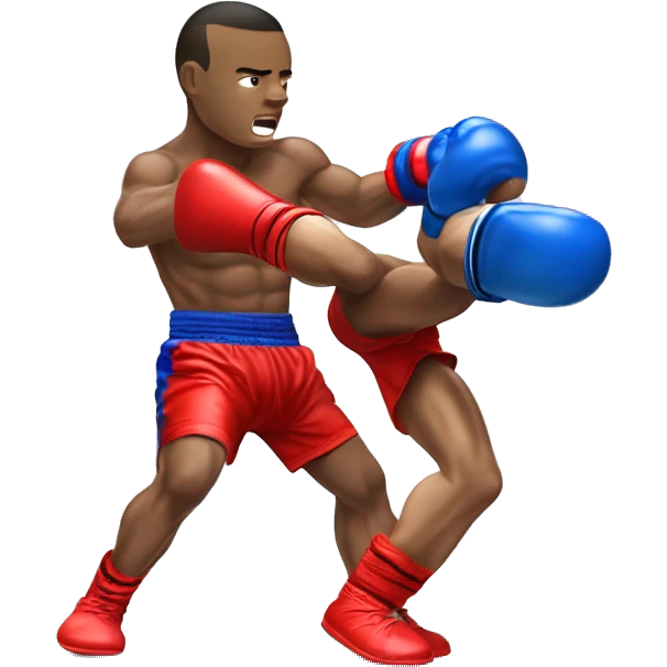 A Muay Thai Boxer in blue shorts knocking out his opponent in red shots emoji