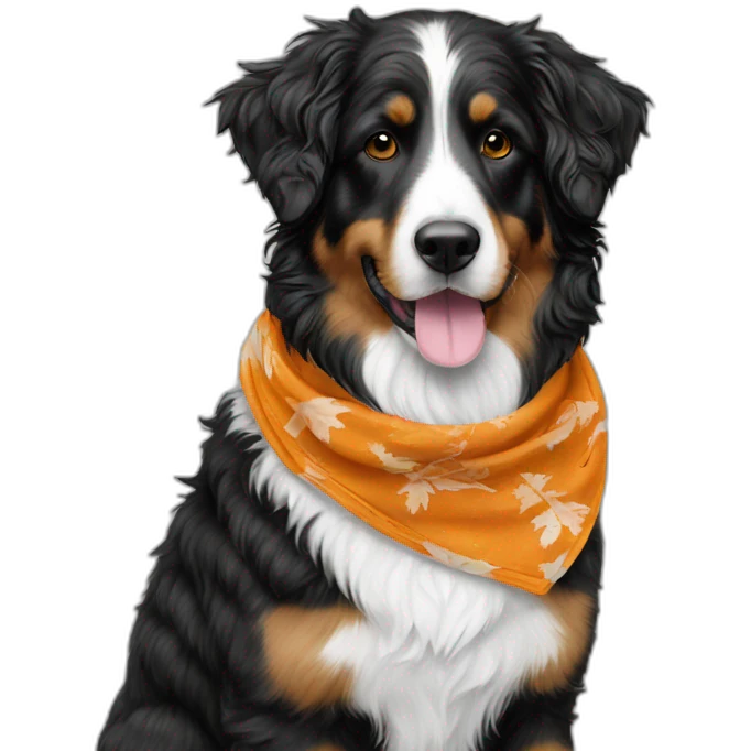 mostly black and white aussie doodle with a pumpkin and fall bandana emoji