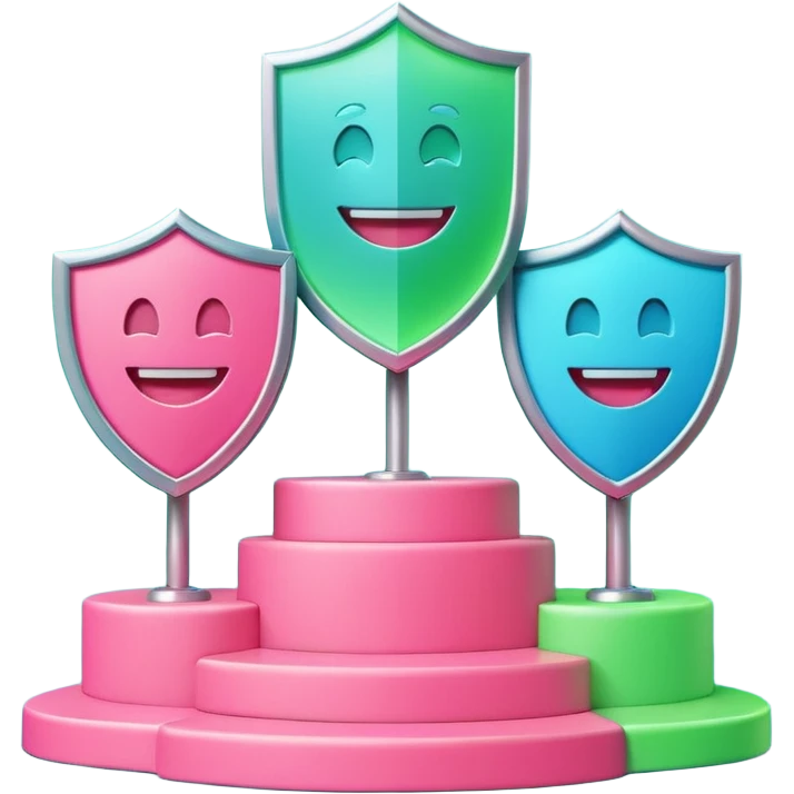 Minimalist 3D emoji-style podium with 2 steps on a green chroma key background. Step 1 (higher) features a handshake icon with blue neon glow. Step 2 (lower) features a smiling tooth with a shield icon and pink neon glow. Clean rendering, soft colors, uniform lighting. emoji