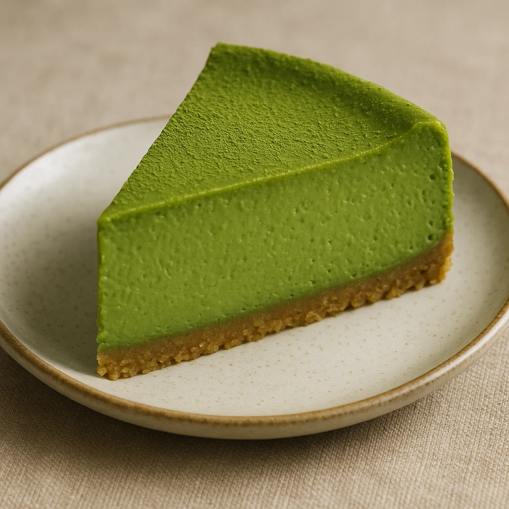 a slice of matcha cheesecake, vibrant green color, creamy texture, appetizing, on a small plate emoji