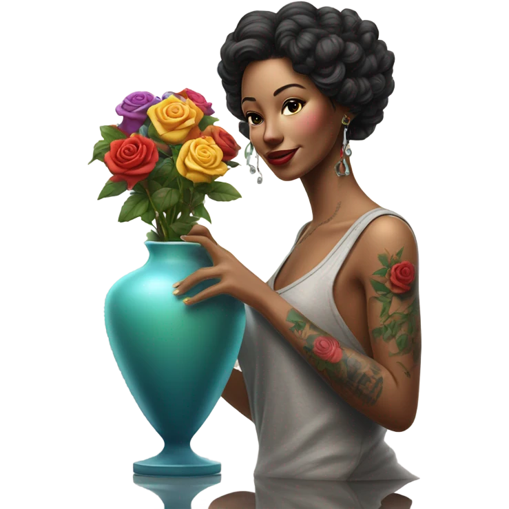 Hyper Realistic beautiful woman model with a small rose tattoo arranging flowers in a vase emoji