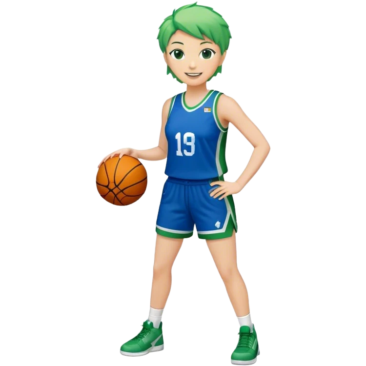 Full Body plus white female with short spike hair basketball player wearing blue green uniform smiling emoji