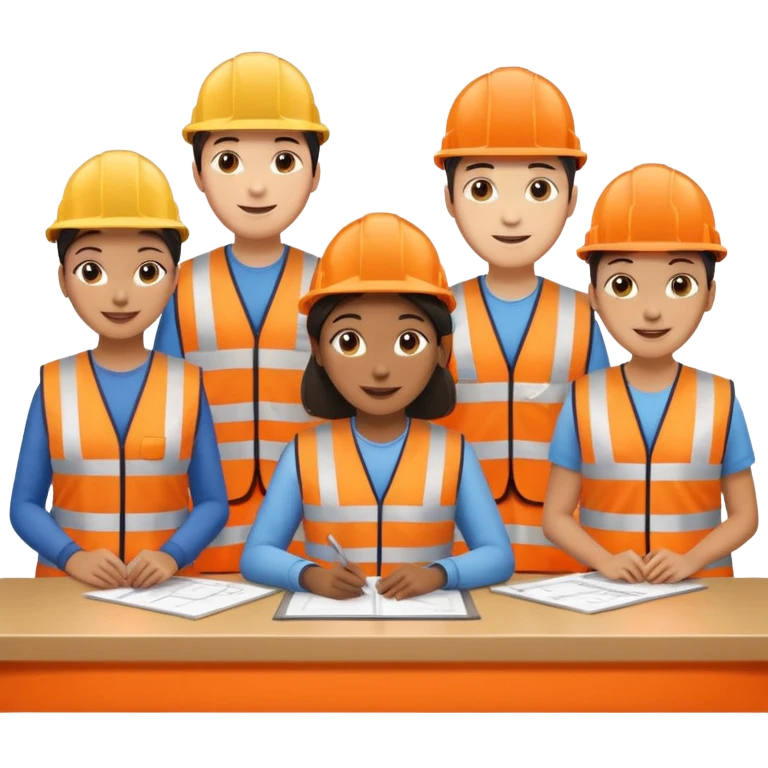 group of railway engineers mixed races and genders behind a table emoji