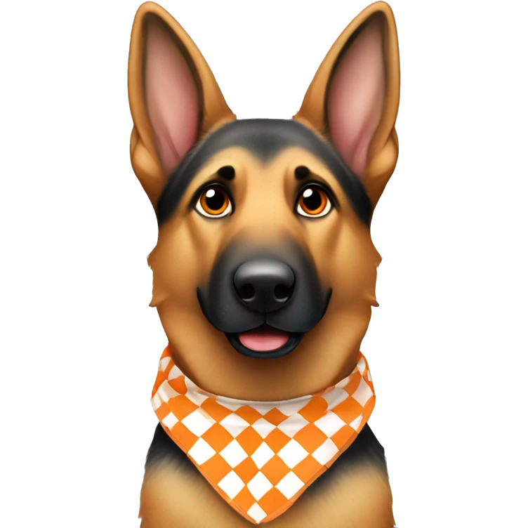 german shepherd wearing bright orange and white checkerd shirt emoji