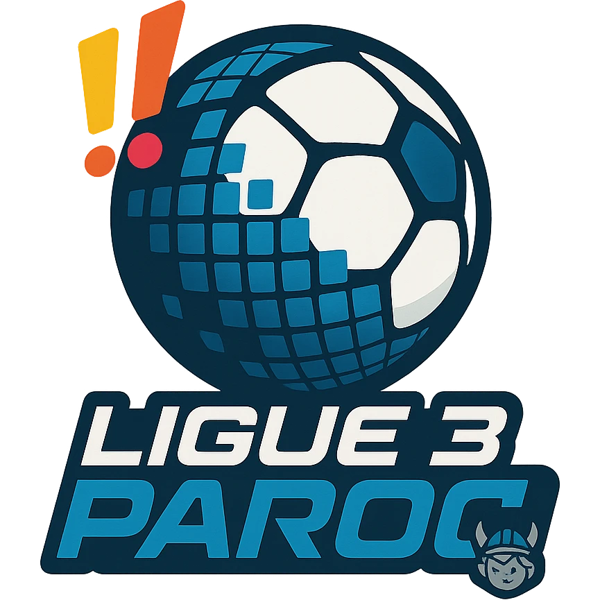 Le logo présente un ballon de football moderne, stylisé en forme de globe digital . Deux points d’exclamation "!!" dynamiques, en biais et colorés, sont placés en haut à gauche du ballon comme un emblème, évoquant l’intensité et l’enthousiasme de la ligue.

En dessous, le nom "Ligue 3 Paroc" est écrit en lettres audacieuses, avec une typographie sportive mais légèrement futuriste. Le mot "Paroc" est accompagné de son emblème discret (viking enfant) emoji