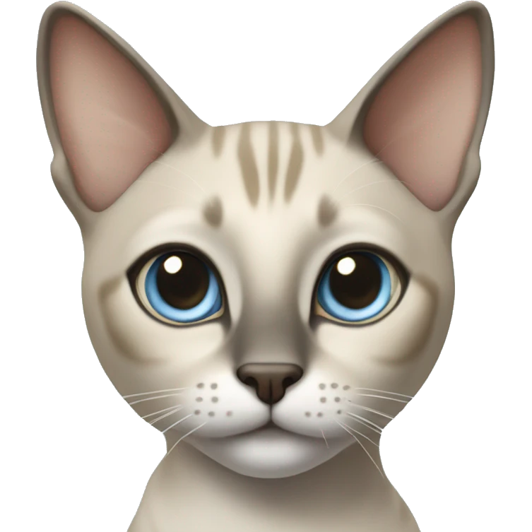 Thai breed adult cat with a light cream-brown body, dark gray nose and face, ears, and paws. sharp ears, and striking light blue eyes  emoji
