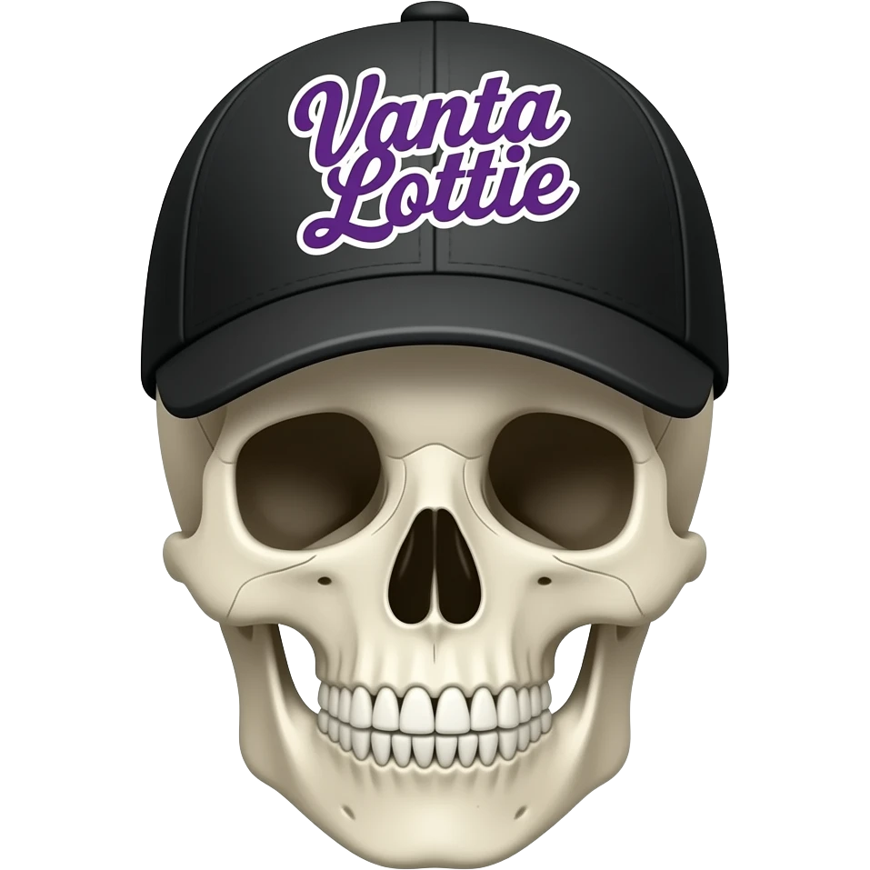 A skeleton head thats wearing a black baseball cap that says "Vanta Lottie" with purple lettering and white bordering, with no hair emoji