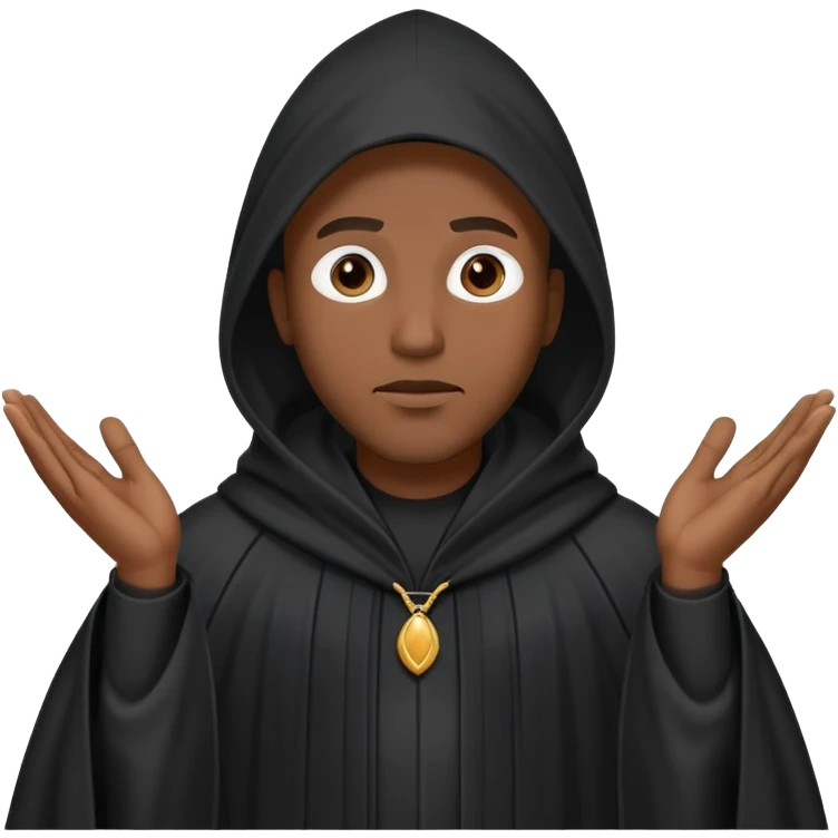 Black man wearing a long black robe with a tall pointed hood, face fully covered except for two small eye holes, standing confidently with hands gesturing in conversation. emoji