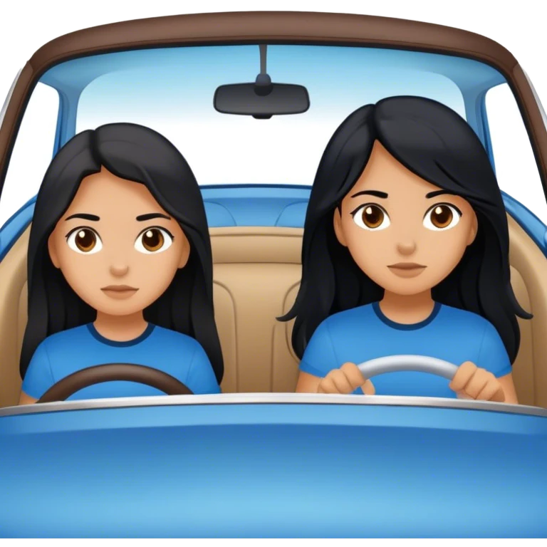 On highway Two girls both with black long hair brown eyes different one with a blue shirt one with a black shirt in a white car driving to a destination emoji