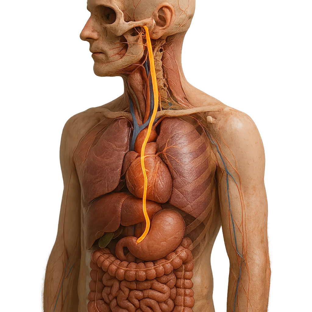 realistic 4K image of human body with vagus nerve highlighted, precise anatomical details, visible path of vagus nerve from skull to main organs, natural colors, transparency effect showing internal organs, clinical atmosphere, neutral background emoji