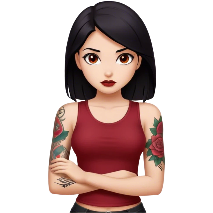 beautiful girl with dark red top, with black straight hair, with tattoo in her right arm, with brown eyes and sexy posture emoji