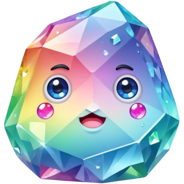 A single pastel rainbow crystal rock character, chubby and heavy with a chunky, irregular polygon shape,covered in faceted crystal planes and small chips, big glossy rainbow eyes  emoji