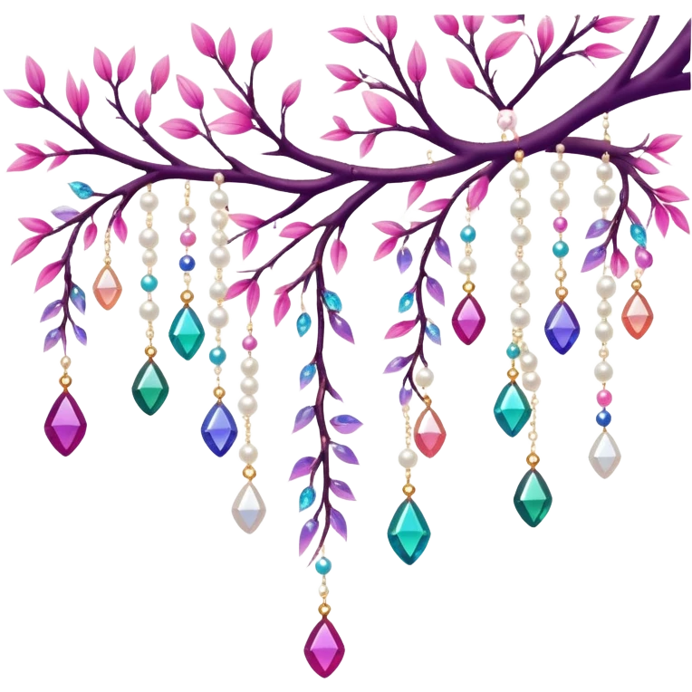 Exotic colorful romantic Few cute tiny Iridescent glistening glossy sparkly shiny glittery hanging crystals pearls and beads and gemstones scenery scenic decorations with branches and flowers emoji