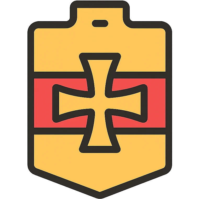 minimalist badge with red band and golden Balkenkreuz, 64x64 pixels, icon style emoji