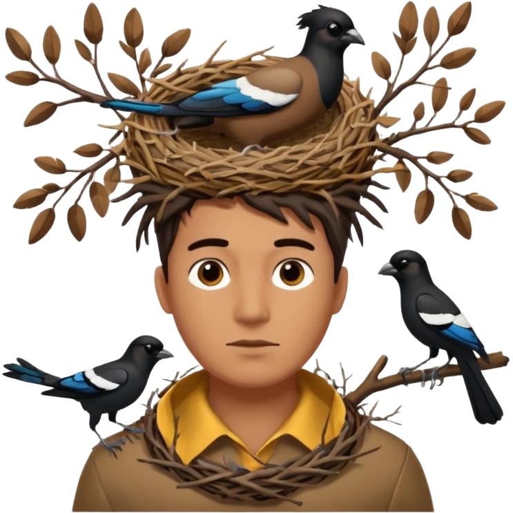 A man who has a magpie birds nest on top of his head for hair emoji