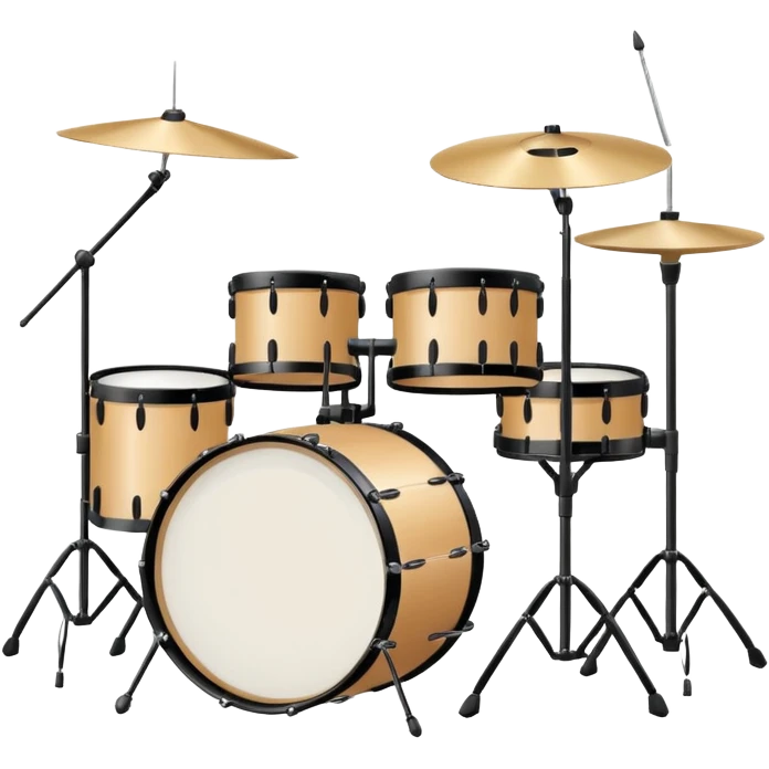 Minimalistic flat vector icon, iOS style, thin black contour on white background. Drum set with two drumsticks above. Clean, no text, no shadows emoji