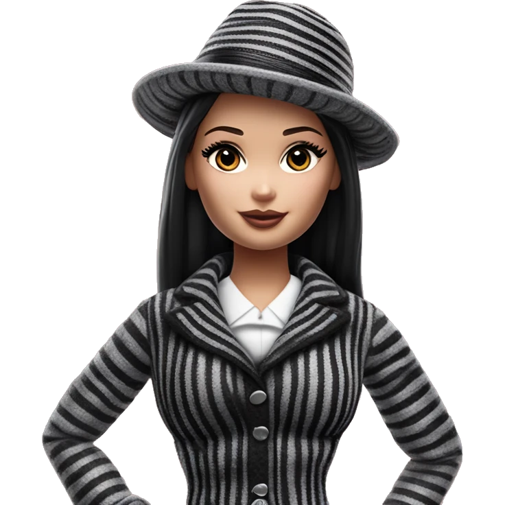 Bouclé Beauty Lingerie Barbie, Wednesday Addams from academy, in dark-gray and black striped outfit with hat. emoji