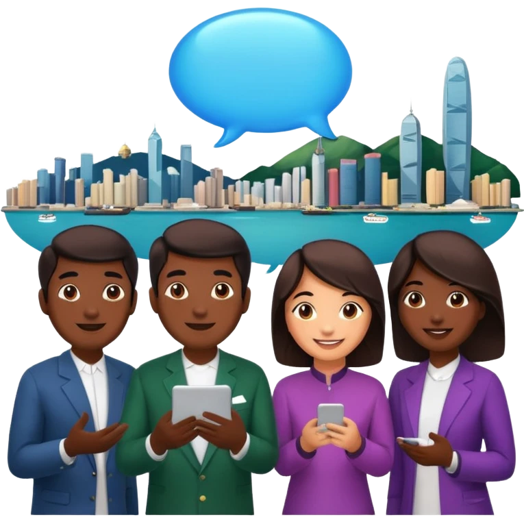 A group of Pakistani people sitting around and sharing knowledge, with talking bubble of Hong kong scenary in it emoji