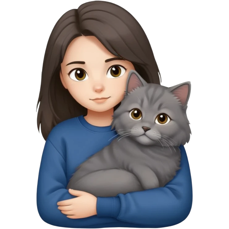 Brunette girl with dark blue sweatshirt snuggling a fluffy grey Siberian cat emoji
