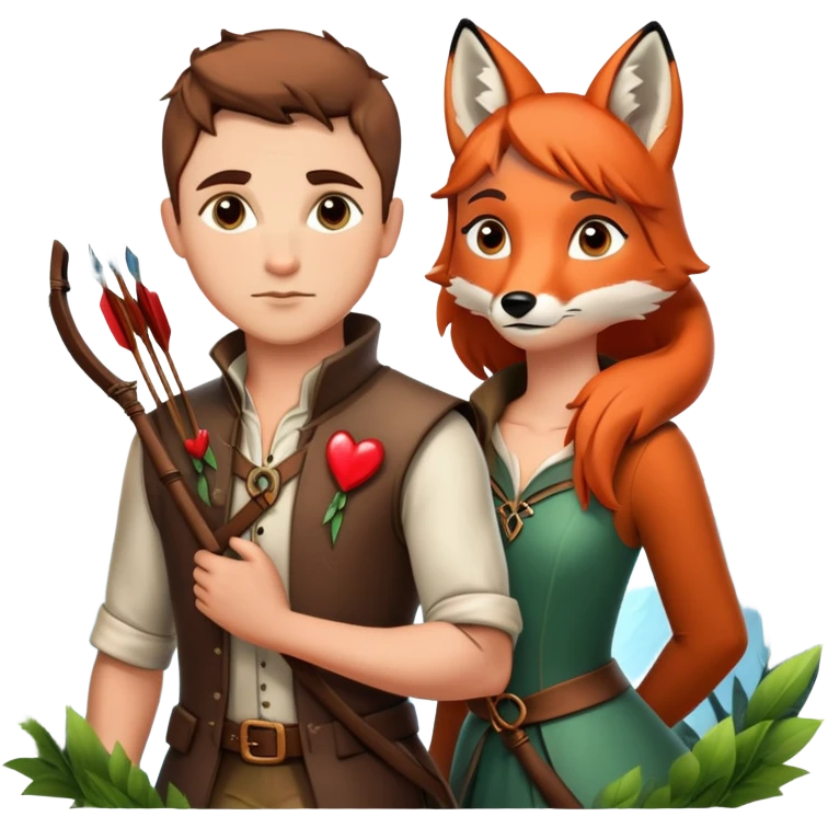 archer and fox together, enchanted forest, romantic fairytale, inspired by 'Once Upon a Broken Heart' emoji
