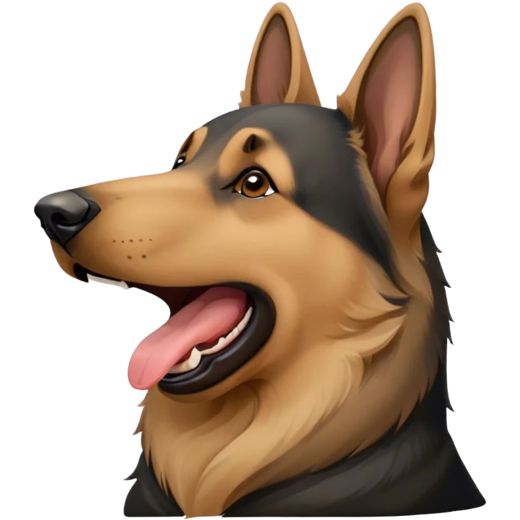 Cinematic Cute Yawning Tan/Black German Shepherd Portrait Emoji, Head tilted slightly with a dramatic, wide-open yawn, featuring a dense tan coat with a prominent black saddle, floppy ears slightly drooping, round brown eyes barely open in drowsy contentment, Simplified yet irresistibly adorable features, highly detailed, glowing with a soft, cozy glow, high shine, relaxed yet expressive, stylized with a touch of whimsy, bright and endearing, soft glowing outline, capturing the essence of a sleepy yet affectionate guardian, so drowsy it feels like it could stretch right out of the screen and curl up for a nap! emoji