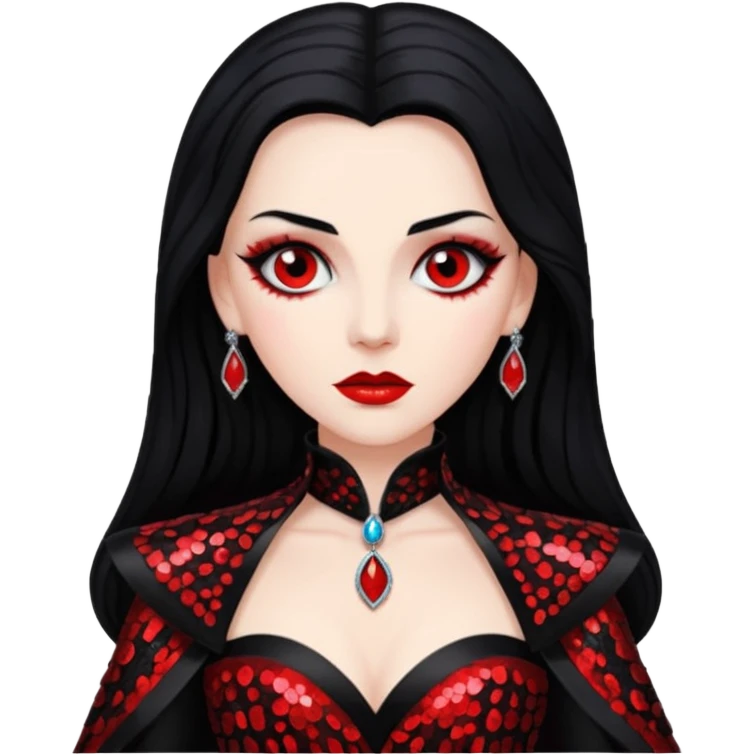 Countess Dracula from Universal Monsters with long jet black hair, black and red sequin outfit  emoji