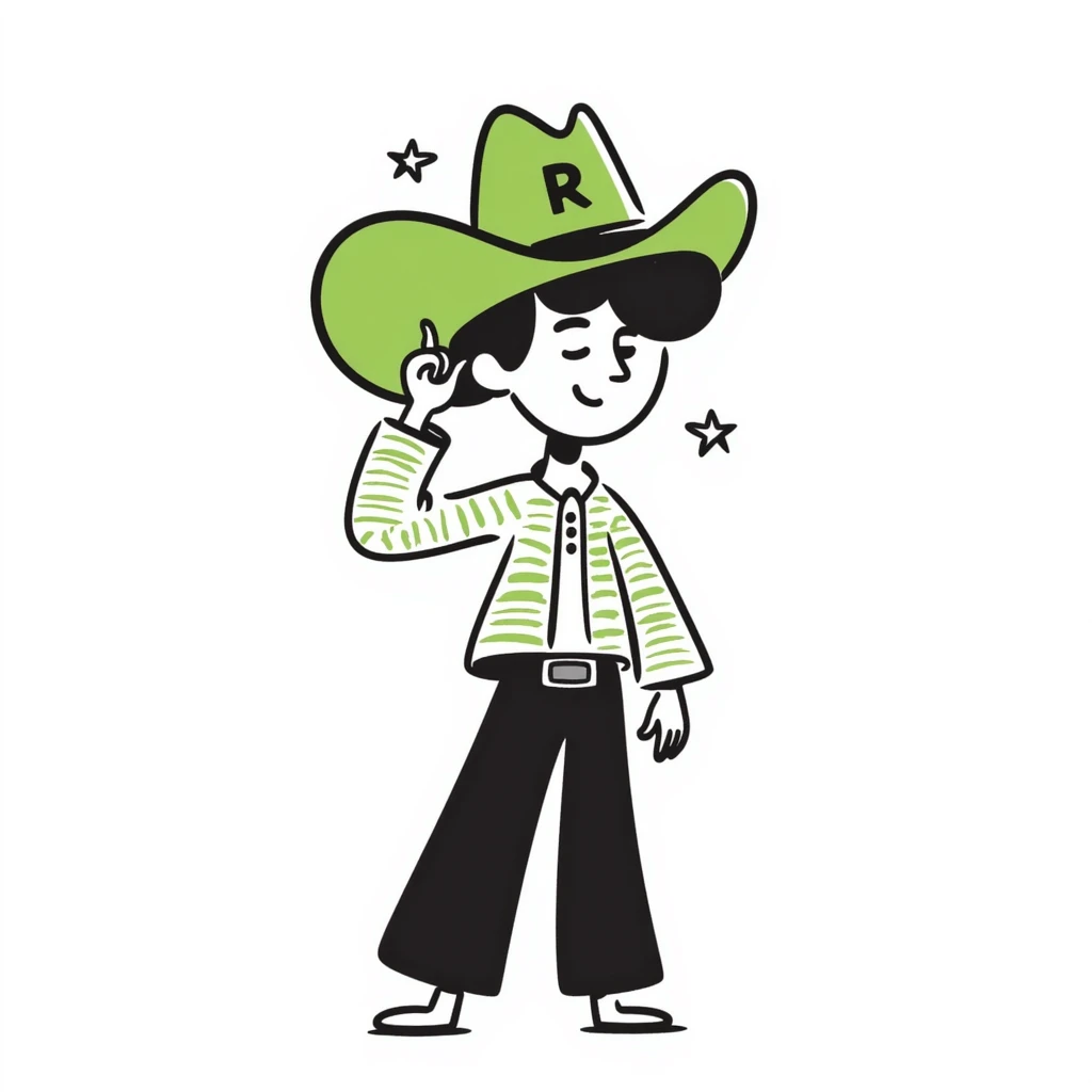 Cowboy wearing green hat with letter R on it emoji