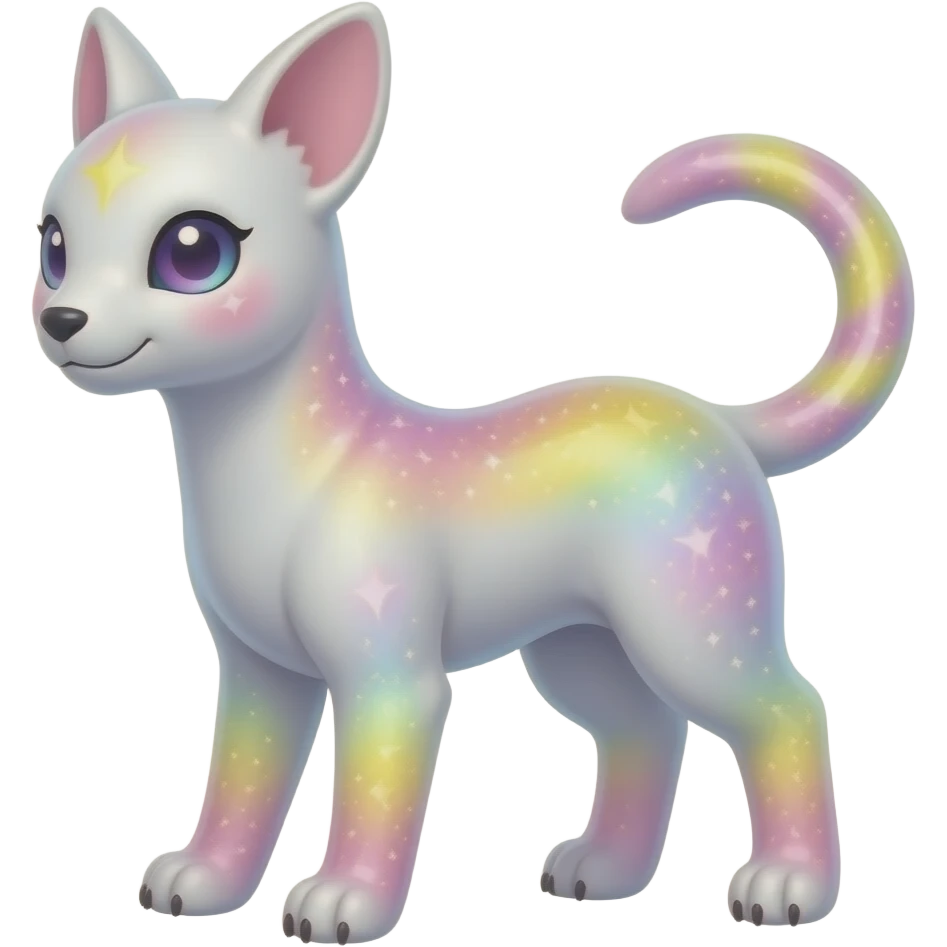 Rare realistic exotic pastel whitish pinkish yellowish gradients shiny sparkly divine celestial spiritual iridescent cute epic pretty beautiful handsome gorgeous aesthetic colorful vibrant Vernid-Trico-species-Fakemon-creature by LiLaiRa, 4 legs, 1 tail, random markings, (full body) emoji