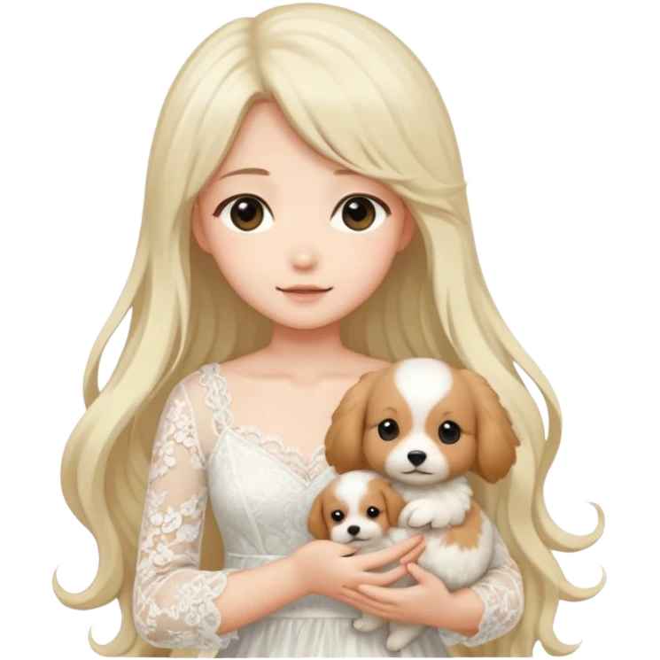 Pastel anime lady long hair with long lace dress full body holding puppy emoji