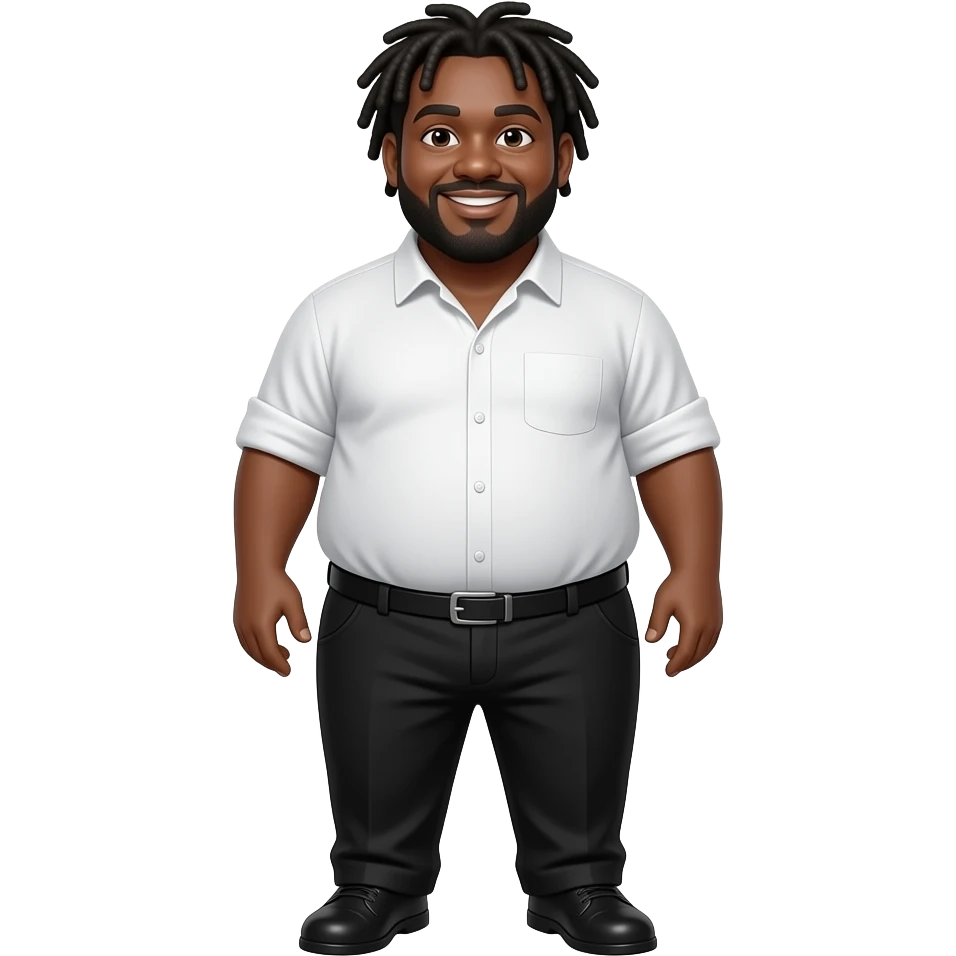Fat black man wearing black pants  and white shirt and have a Douglas and have a dread hairstyle standing emoji like 🧍 but chubby and funny emoji