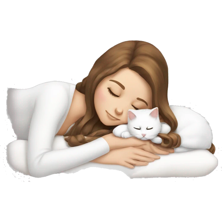 White girl brown hair sleeping with white kitty emoji