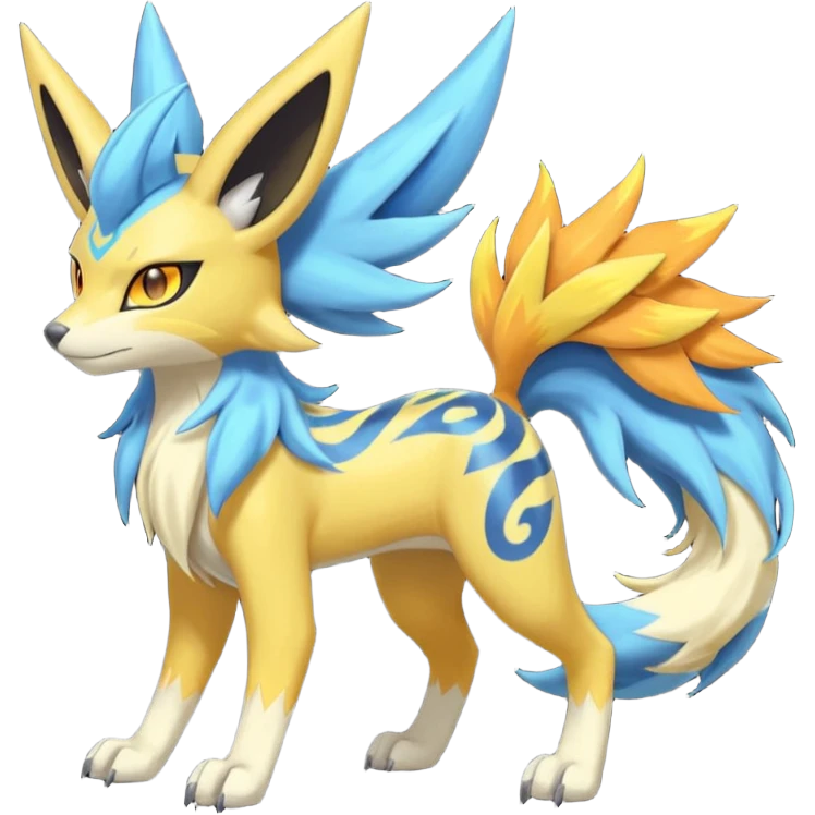 Feral Lightning-patterned Zig-zagged buzzy fuzzy Meloetta-Renamon-Zeraora-Luxray-Cobalion-Suicune-Vernid-fusion-hybrid-creature, full body  emoji
