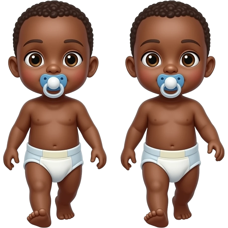 Twin Brown-skinned brown-eyed baby boys walking and wearing a cloth diaper sucking on pacifier emoji