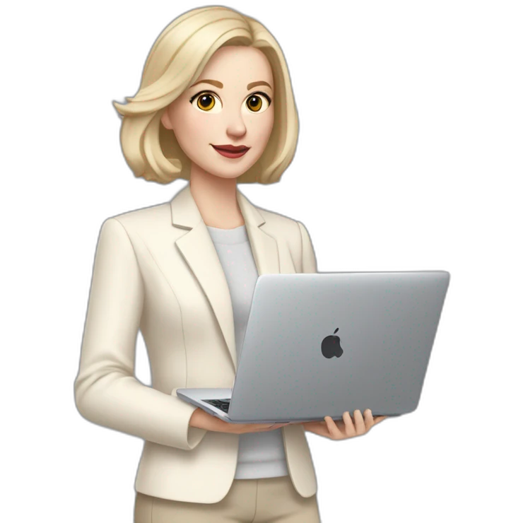 pale skin woman with ash blonde Straightened bob Hair, White Spacious classical jacket, beige palazzo Arrow pants and gray blouse holding a MacBook in the hands emoji