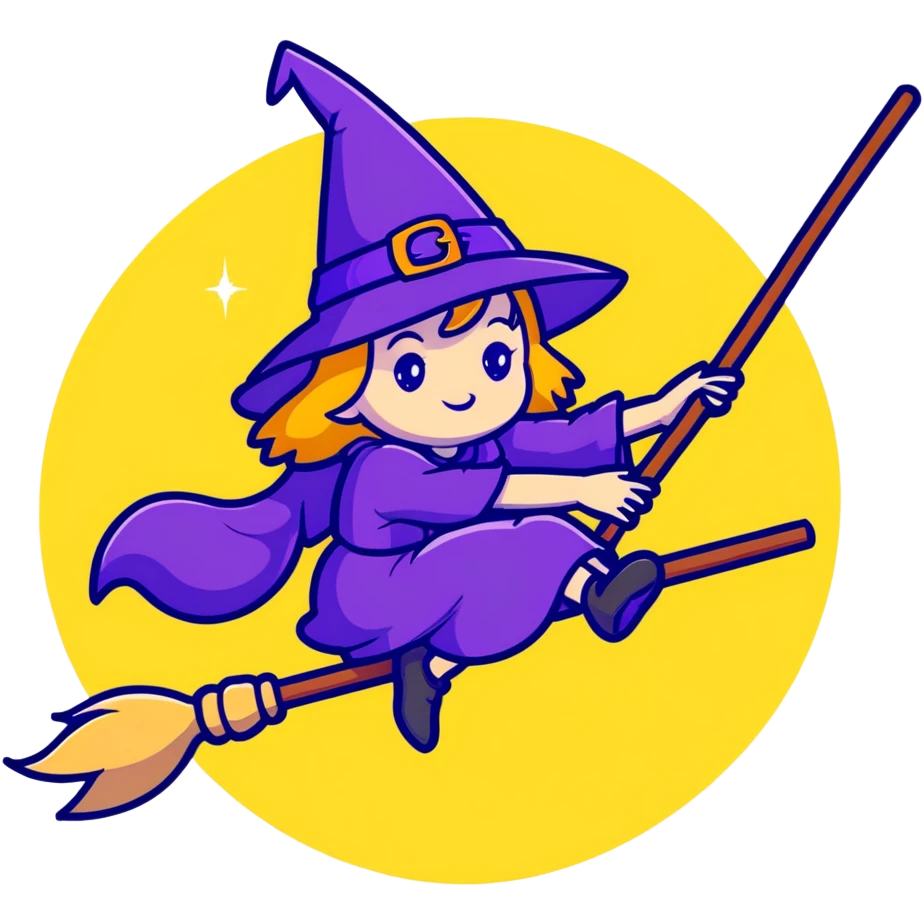 cute witch with purple hat flying on a magical broom with sparkles emoji