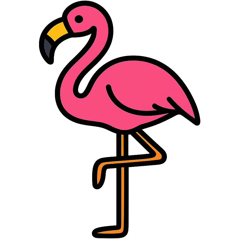 A pink flamingo standing on one long thin leg with its other leg tucked up. The bird has a graceful curved neck and distinctive hooked beak. emoji
