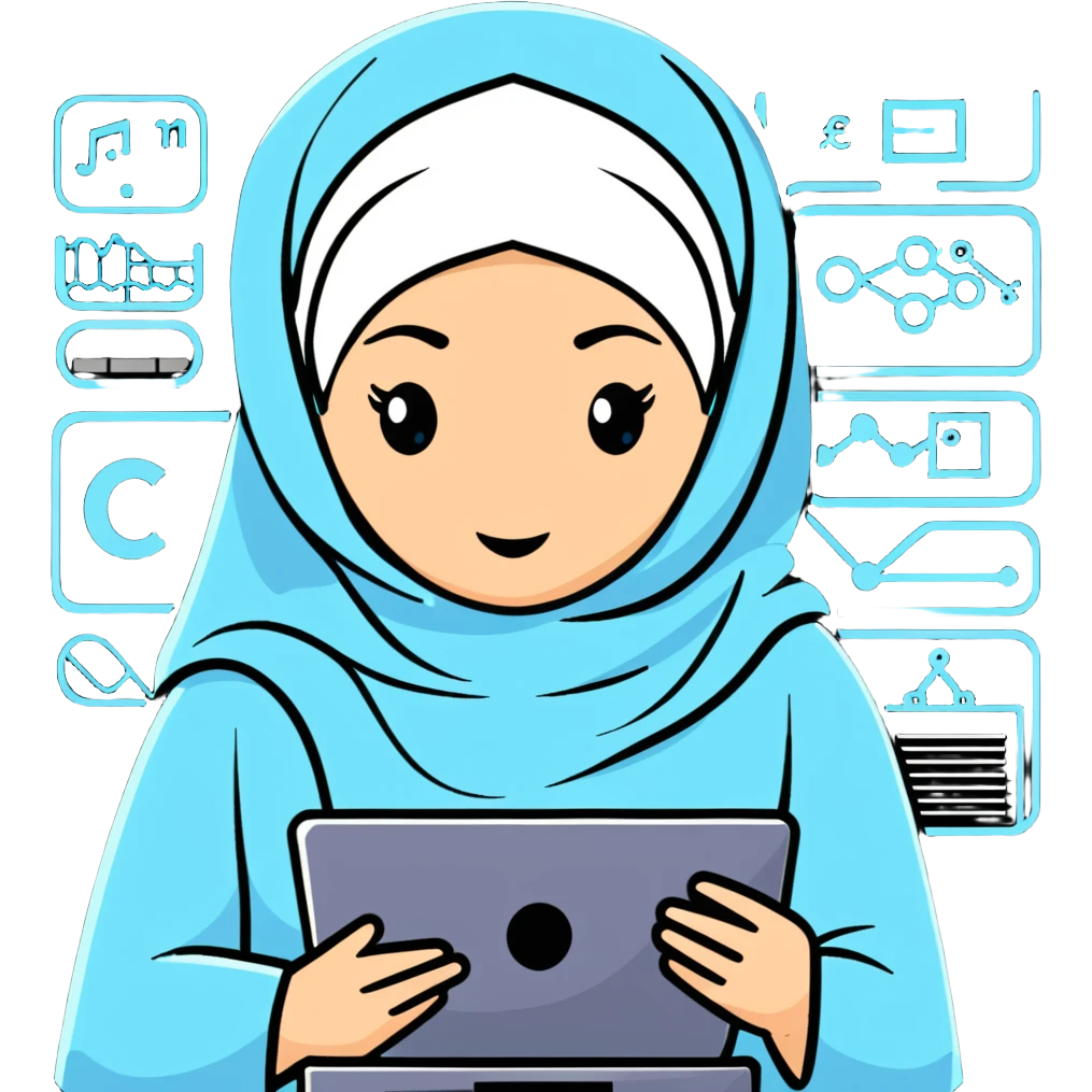computer science woman with white hijab in blue outfit, with floating code elements, programming syntax, algorithms visualization, database schemas, software design patterns, command line interfaces, binary trees, and computational formulas surrounding her emoji