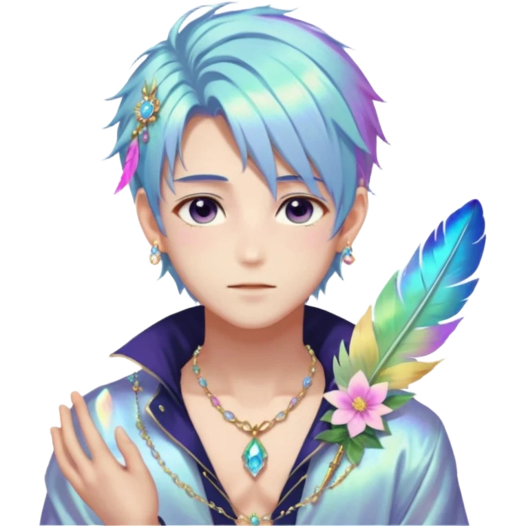 Beautiful gorgeous anime boy with beautiful iridescent-special-hair, fashion aesthetic, ethereal, fairycore, pastelcore, feather, flower, gems, accessories, jewelries, gold, colorful emoji