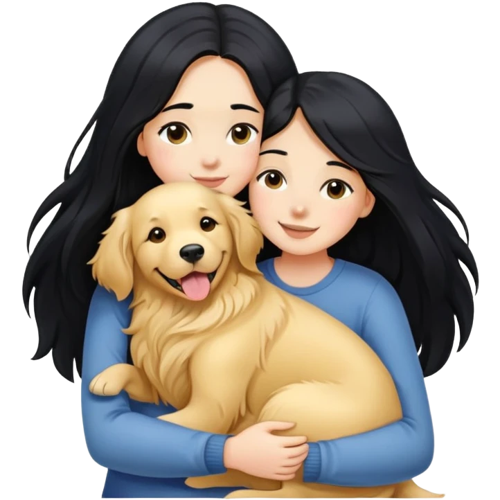 A girl with long black  hair tightly hugged a Golden Retriever emoji