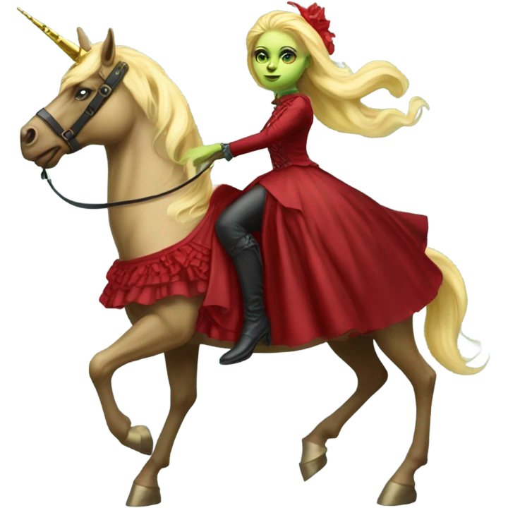 "galora green blonde alien woman" in red Victorian elegant dress, full body, rides unicorn gold
(NO WOKE)
 emoji